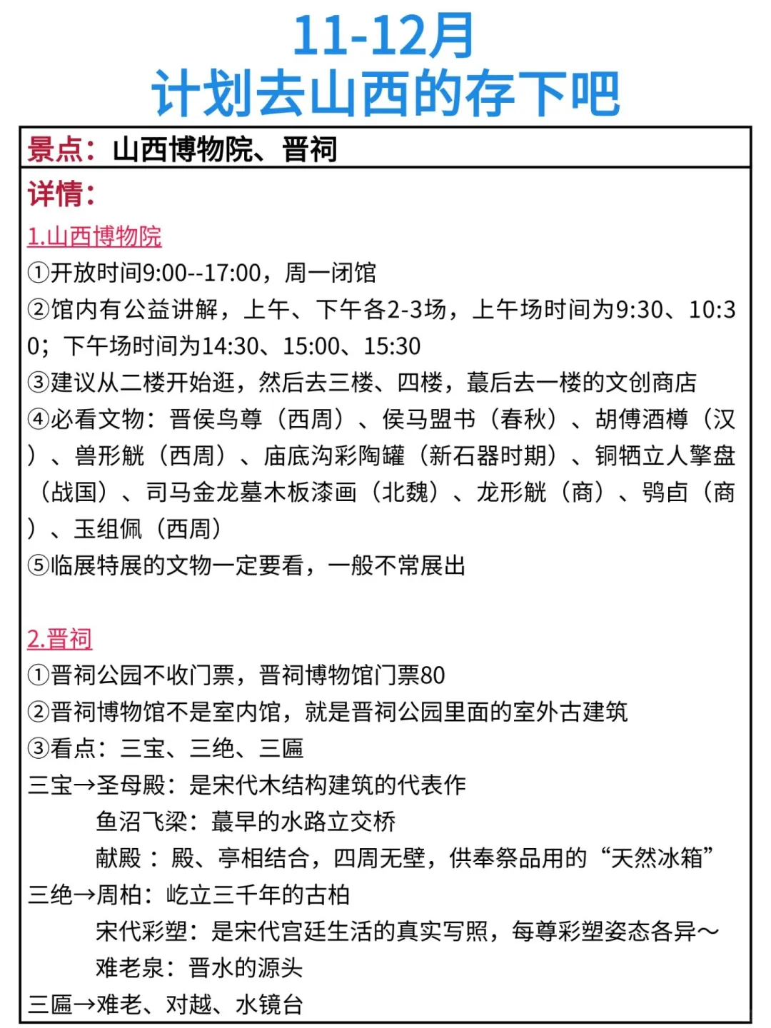 冬天去山西的存下吧！很难找全的！！