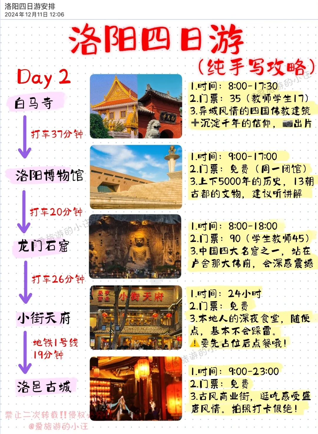 洛阳四日游保姆级攻略，纯手写！字丑勿怪~