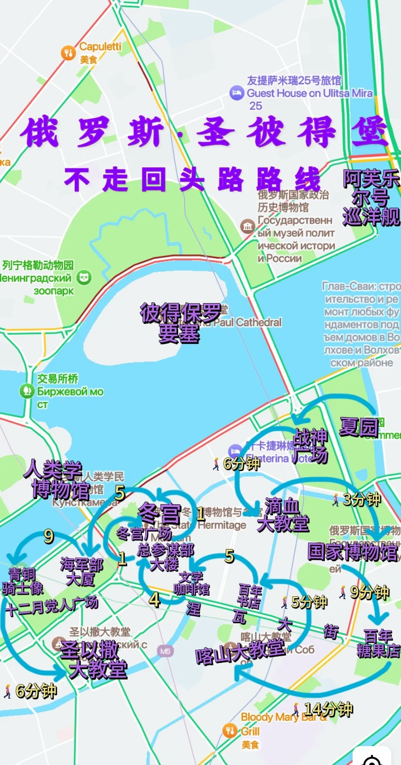 俄罗斯圣彼得堡不走回头路旅游攻略地图路线