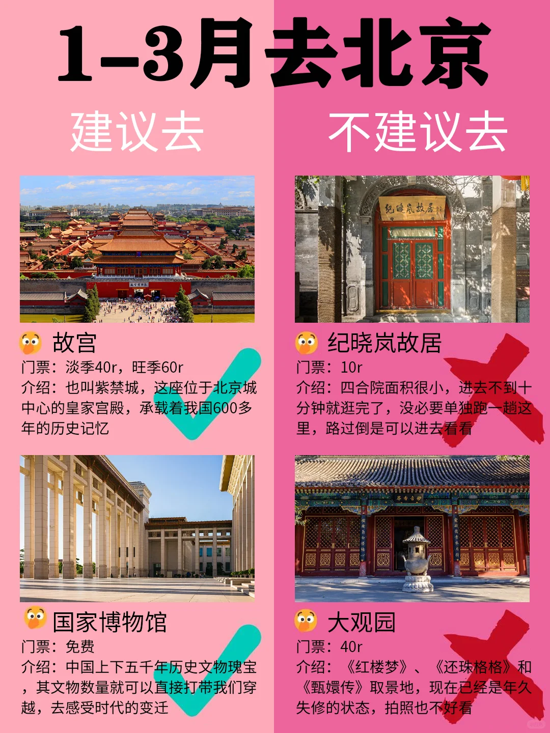 北京1-3月景点红黑榜📍建议去🆚不建议去