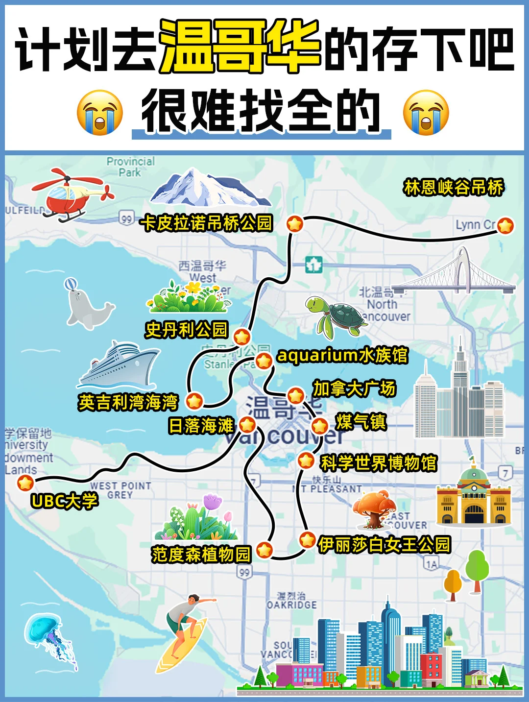 一图秒懂｜温哥华景点地图❗旅行打卡清单🧾