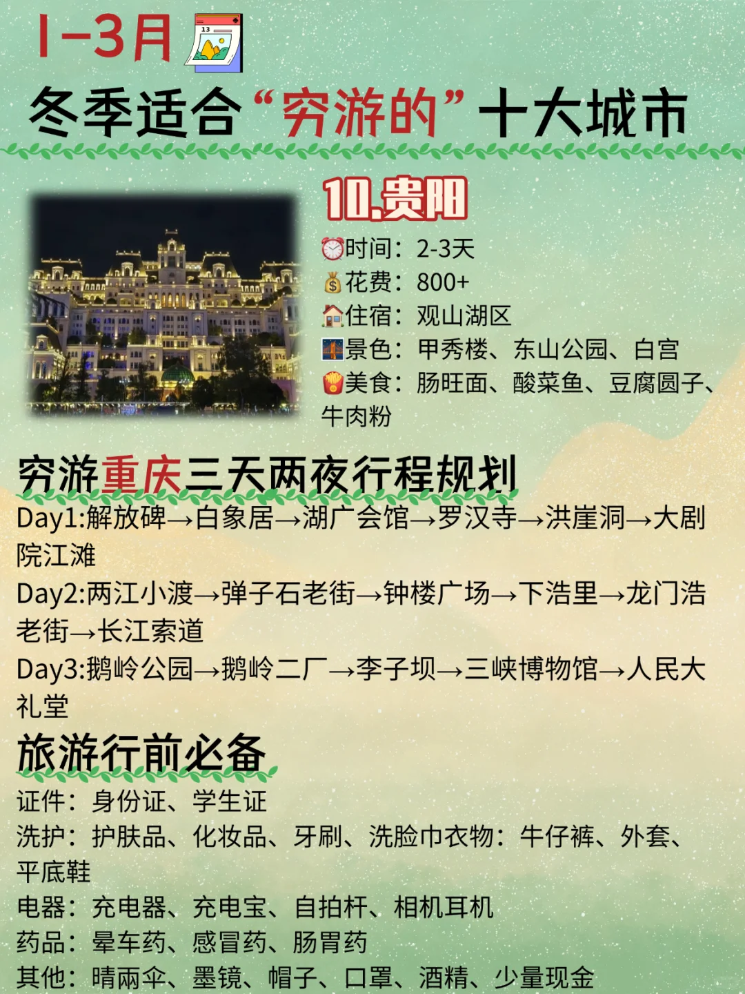 1-3月穷游去哪玩儿❓我整理了1️⃣0️⃣个城市