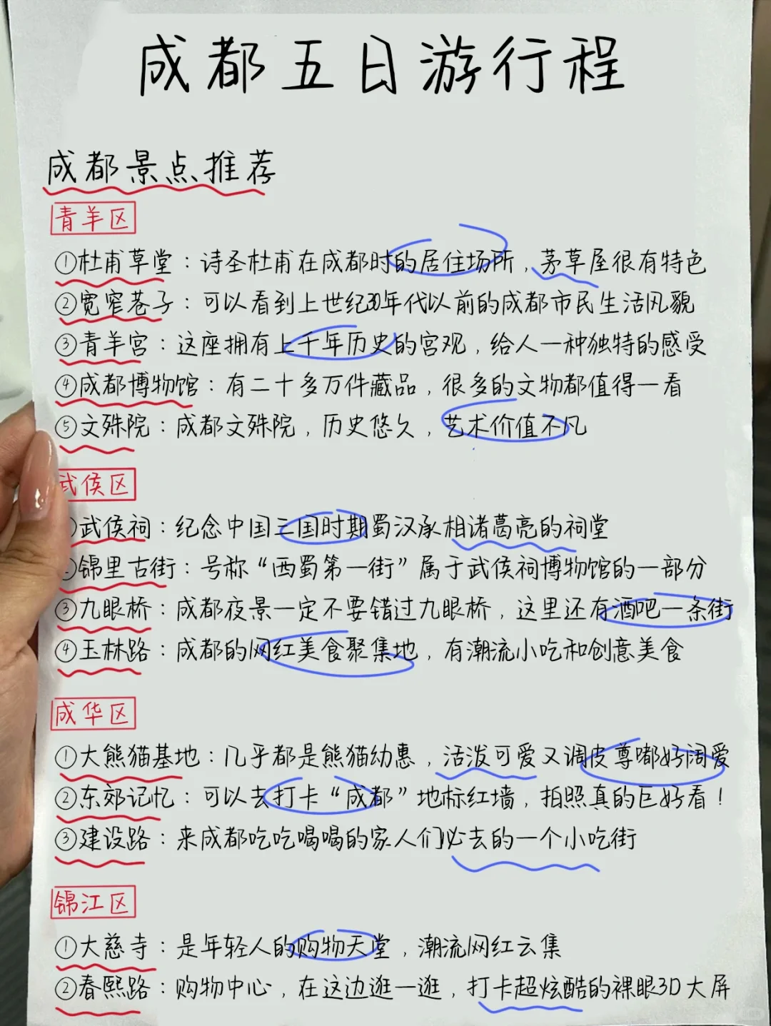 成都本地导游手绘的5日旅游路线，来的姐妹码