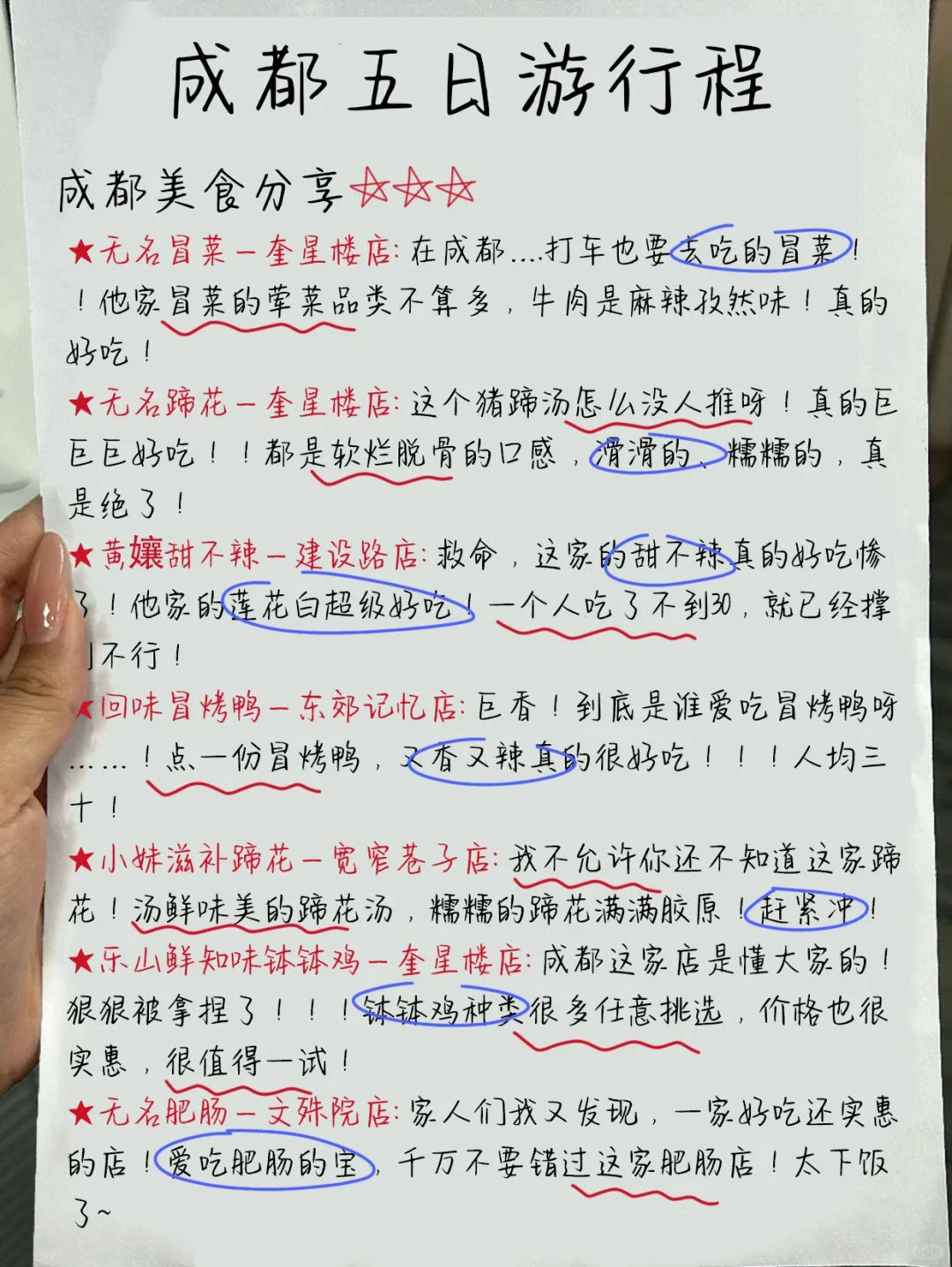 成都本地导游手绘的5日旅游路线，来的姐妹码
