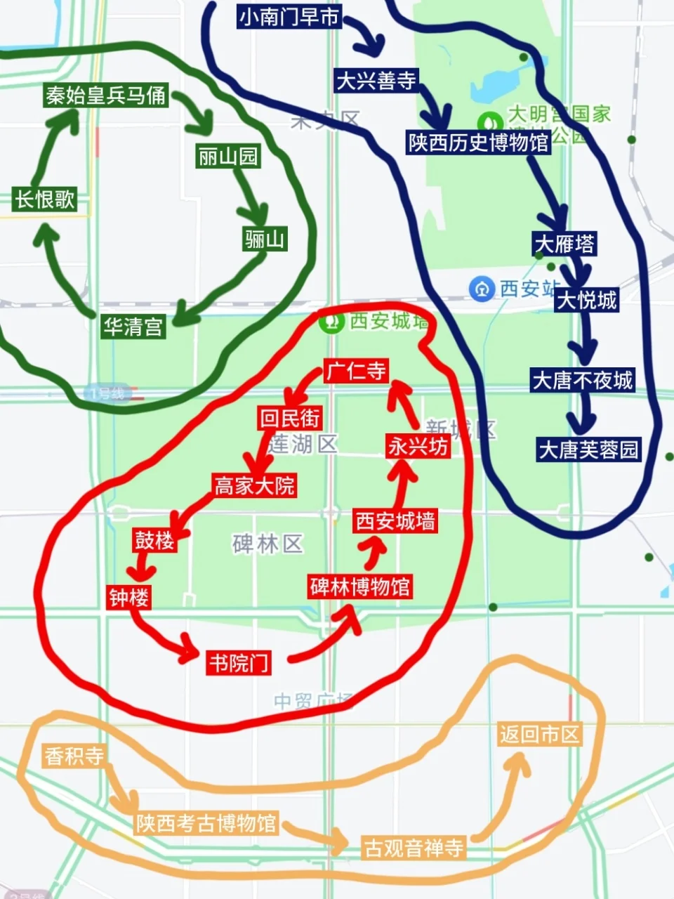 西安旅游手绘线路图📝旅游攻略分享🖍