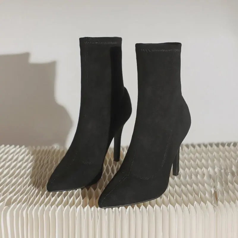 2023秋冬新款短靴女高跟细跟尖头黑色弹