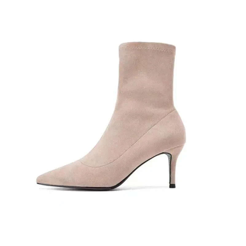 2023秋冬新款短靴女高跟细跟尖头黑色弹