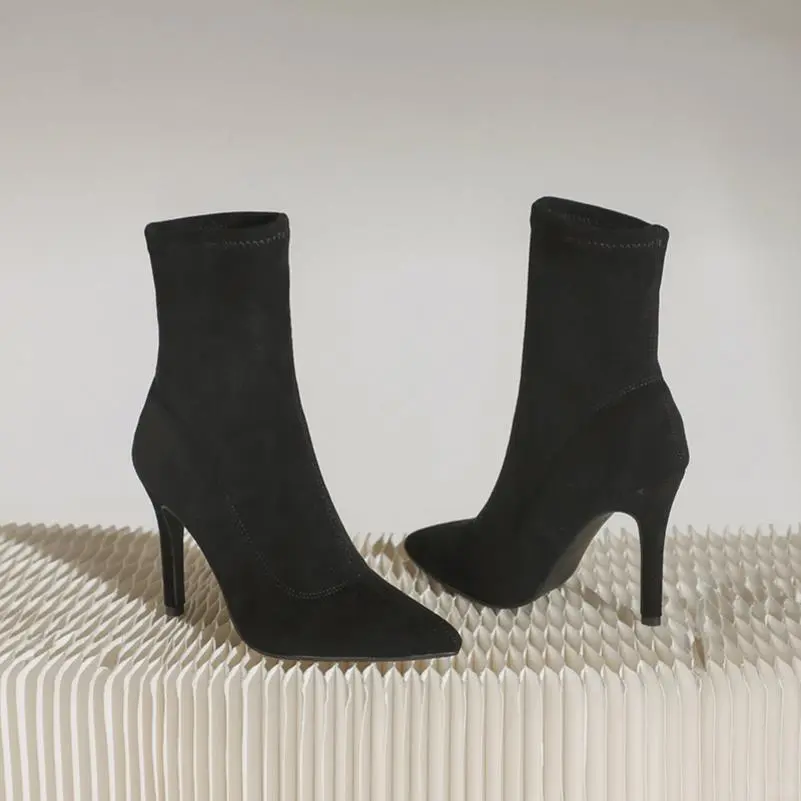 2023秋冬新款短靴女高跟细跟尖头黑色弹