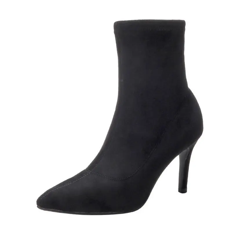 2023秋冬新款短靴女高跟细跟尖头黑色弹