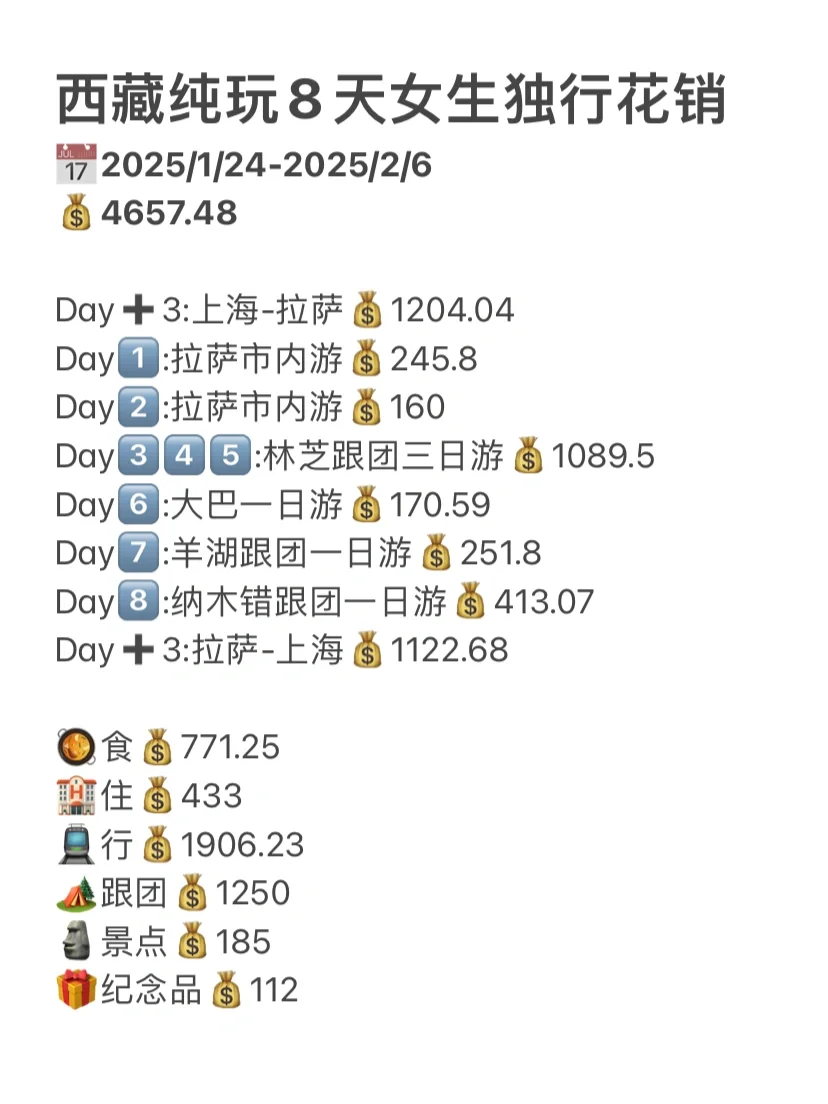 西藏纯玩8天女生独行花销