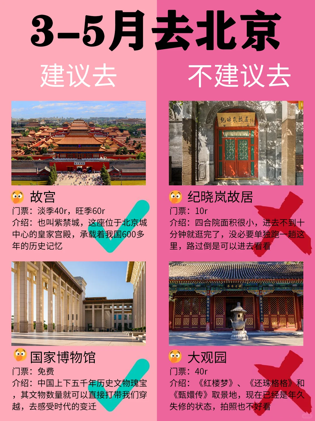 北京3-5月景点红黑榜📍建议去🆚不建议去