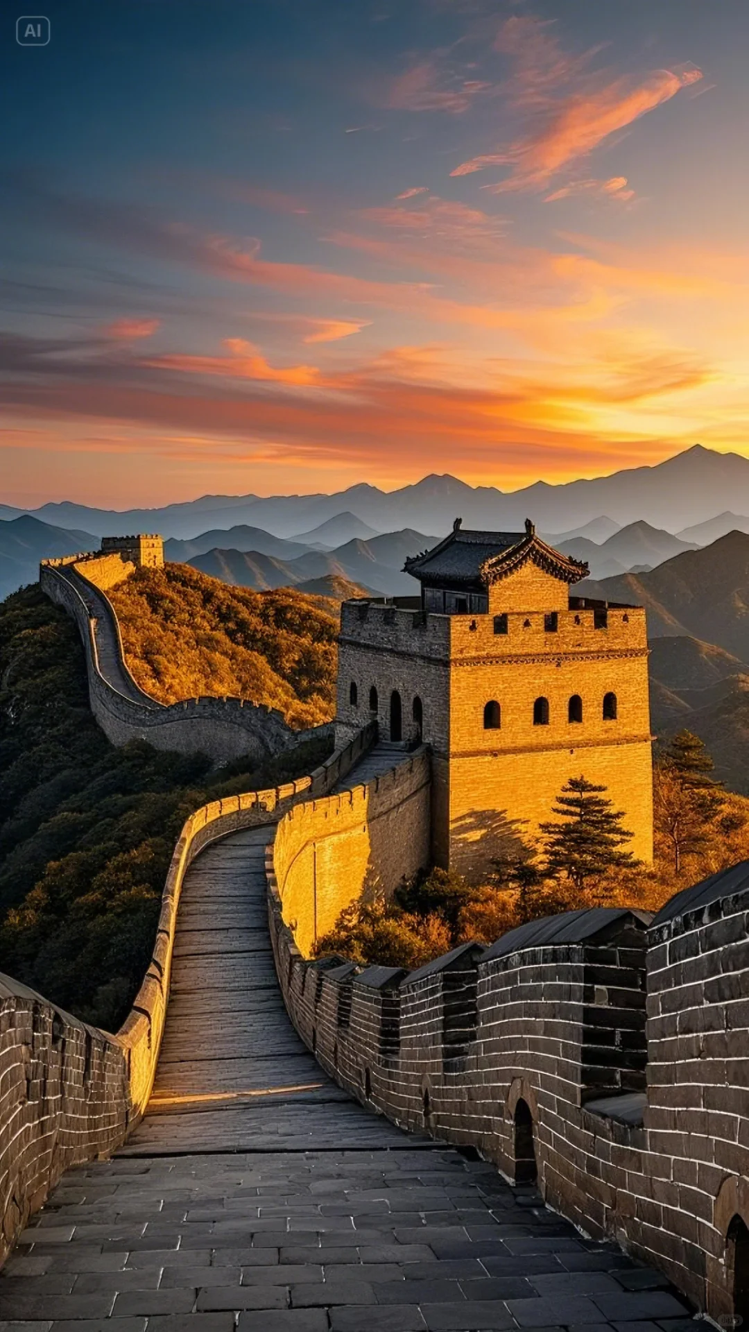 夕阳下的古长城太美了！