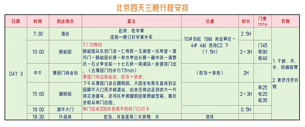 北京四天三晚行程安排