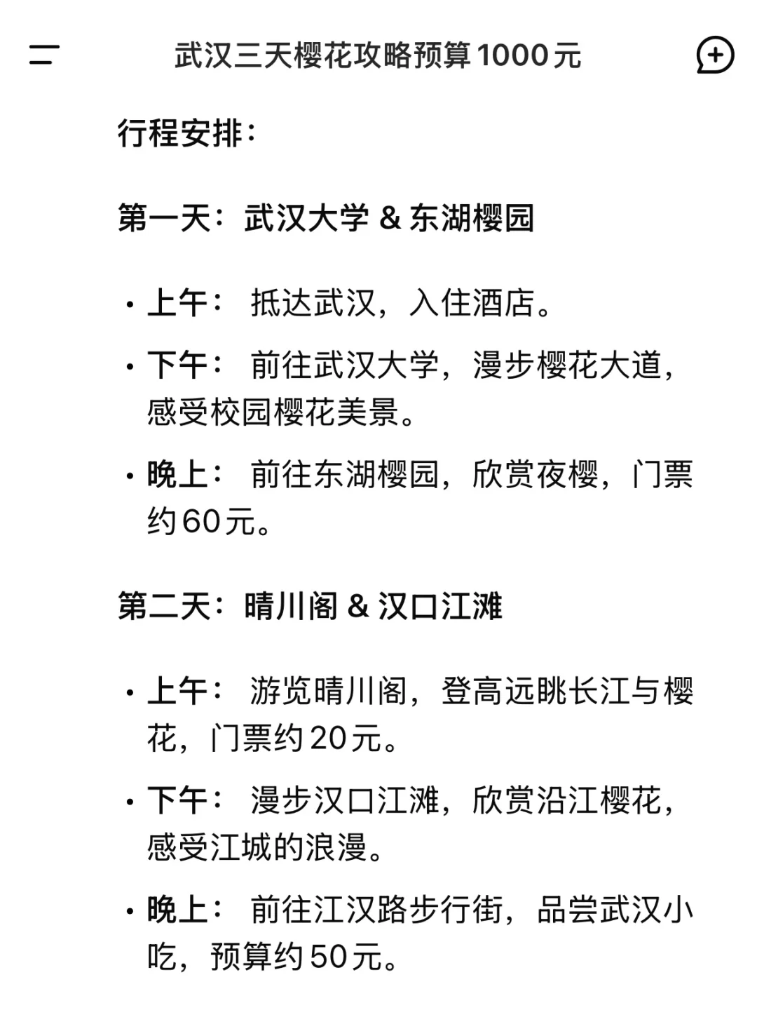 用deepseek制定的武汉旅游攻略……太震撼了……