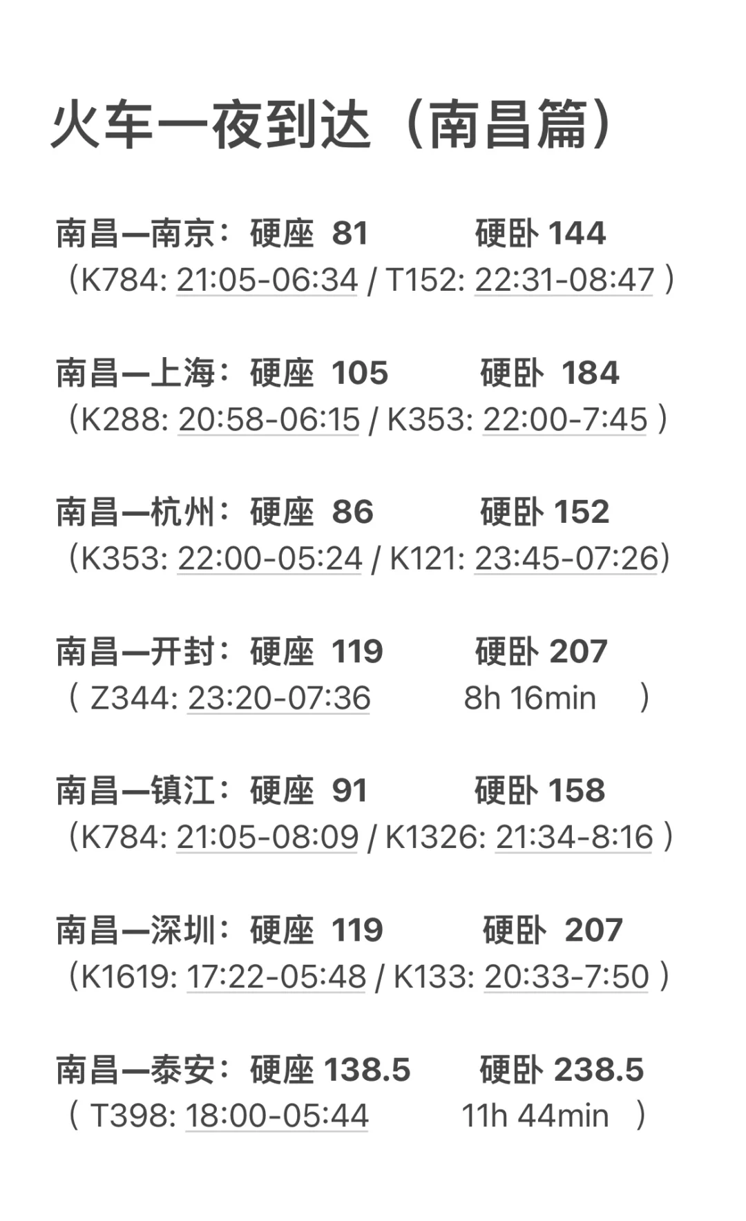 南昌火车一夜到达的旅游目的地这么多啊