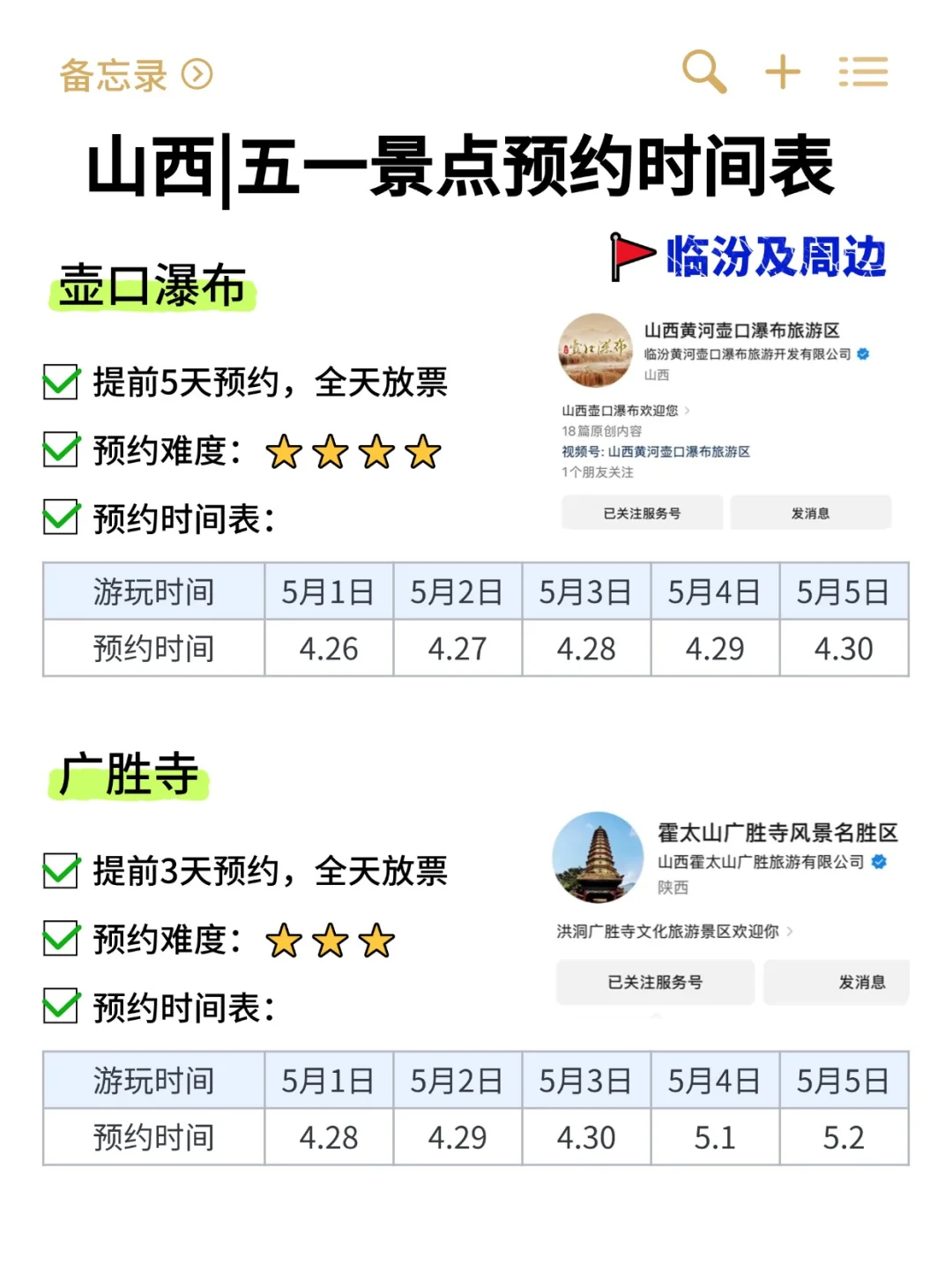 山西五一旅游｜热门景点预约的时间表⏰