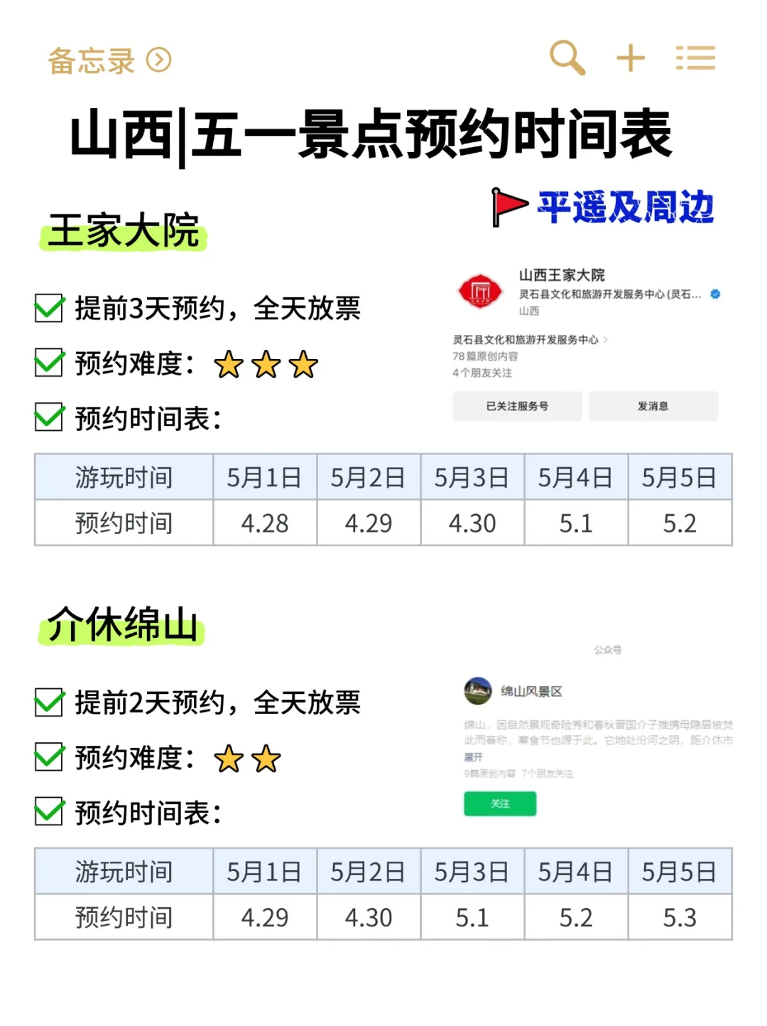 山西五一旅游｜热门景点预约的时间表⏰