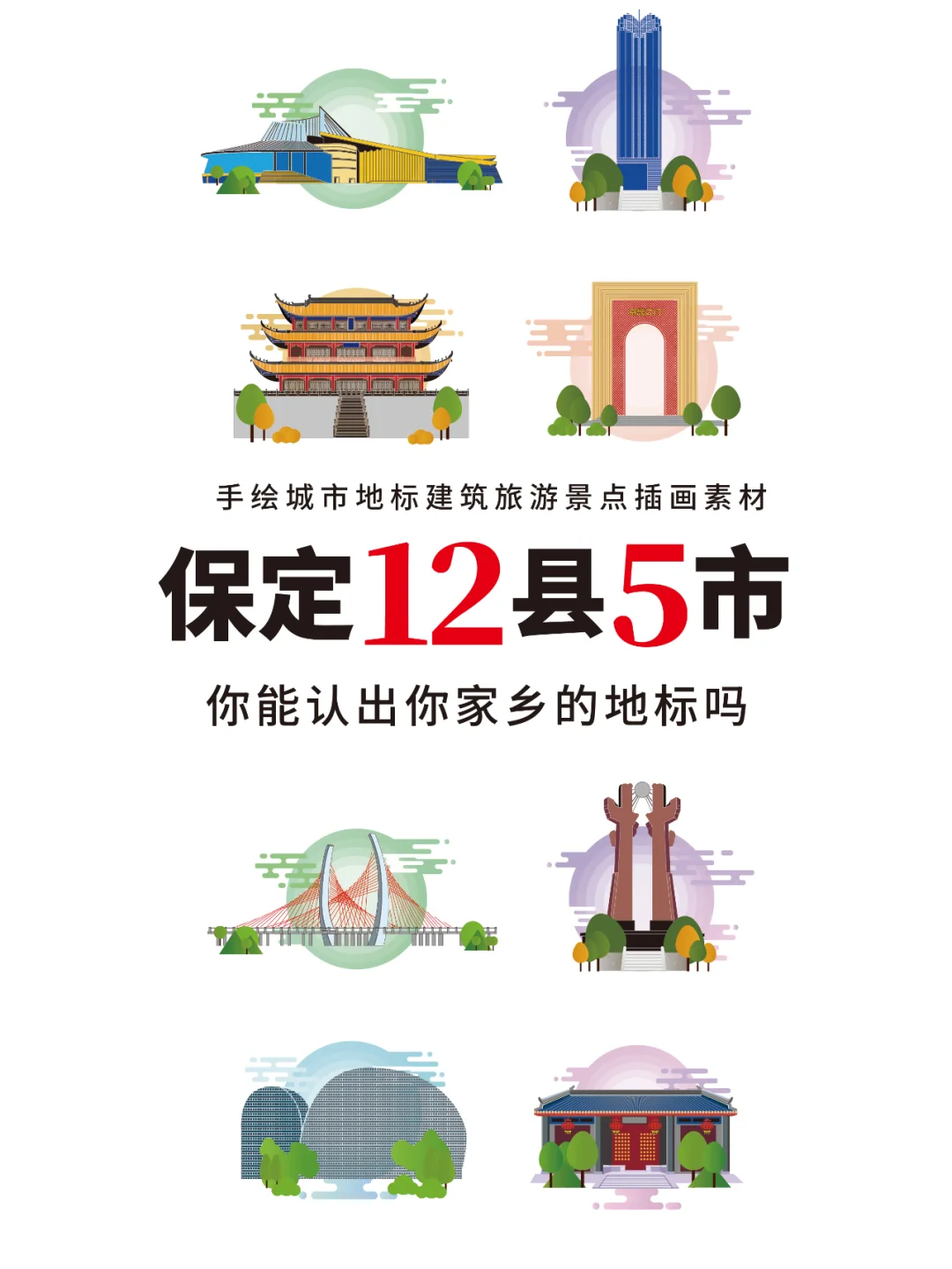 保定地标建筑旅游景点文创文旅插画设计素材