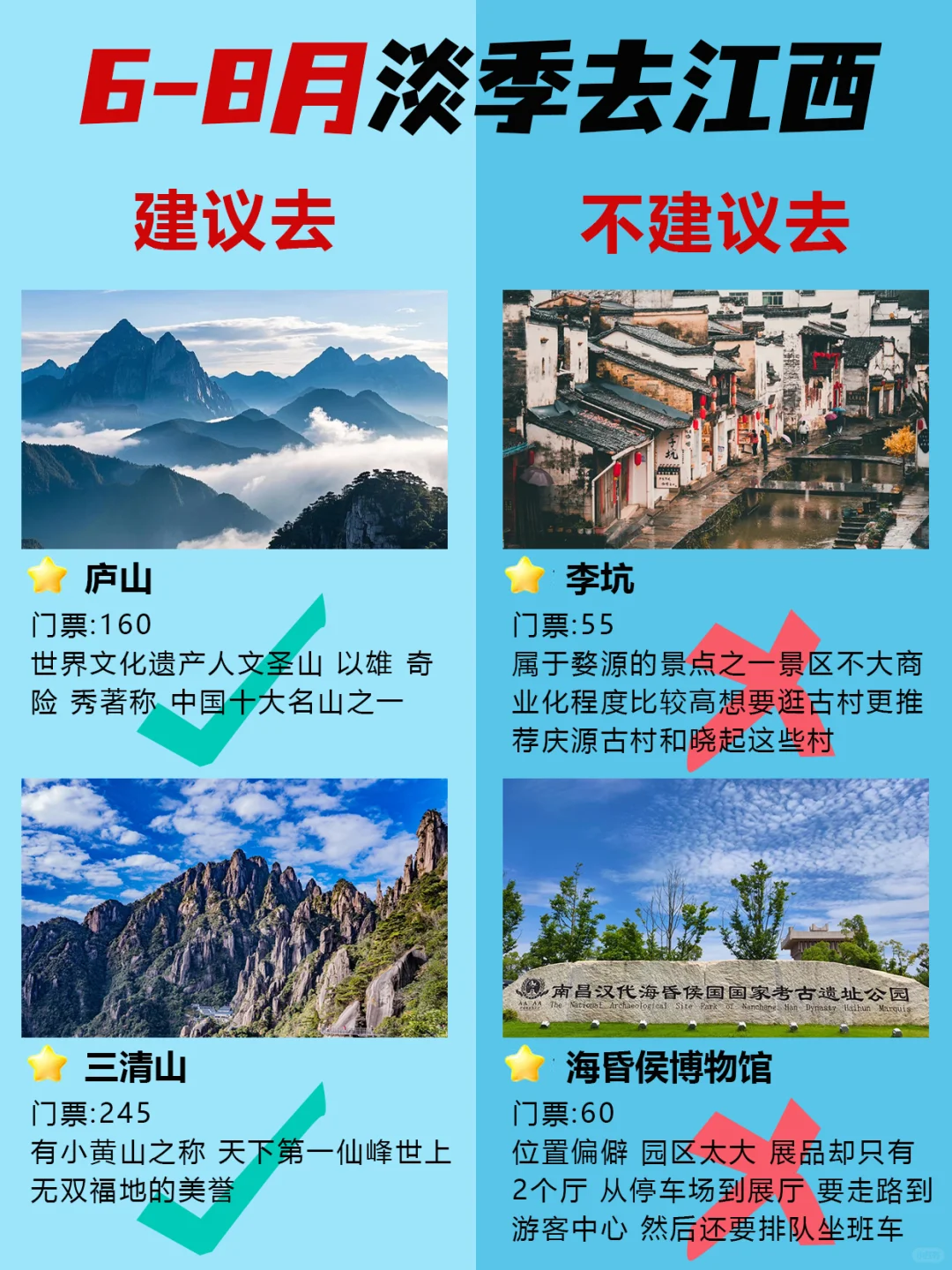 江西6-8月景点红黑榜📍建议去🆚不建议去