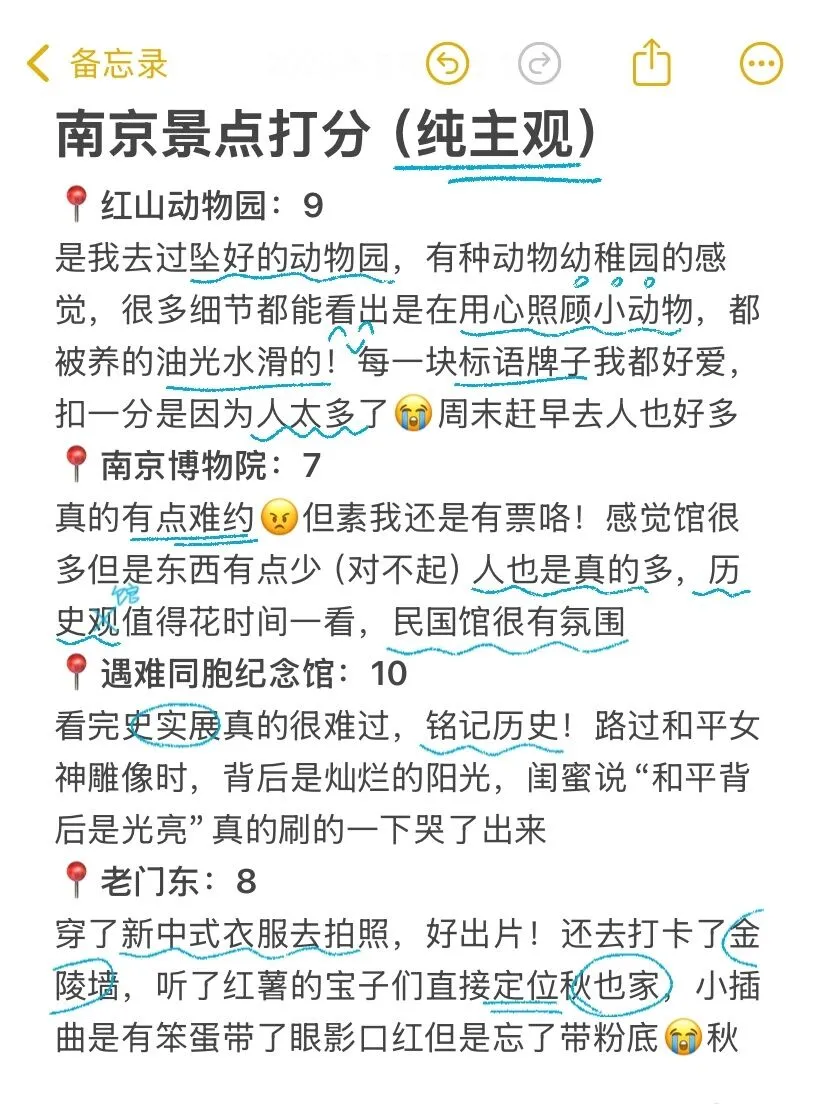 南京已回，景点打分（仅个人想法❗）