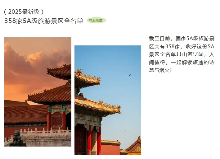 全国358家国家5A级旅游景区全名单（2025）