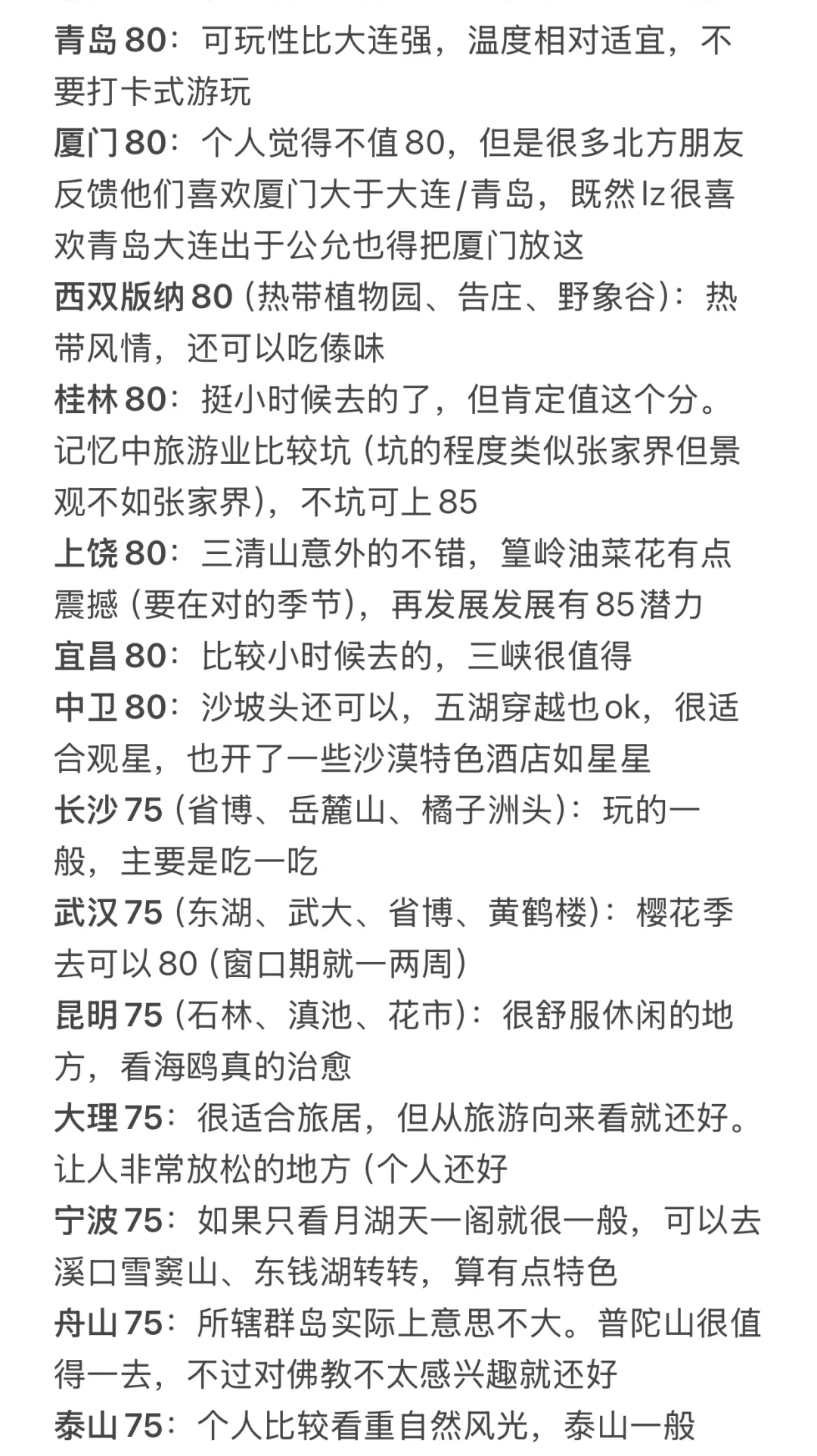 对去过的国内城市打分(旅游向)