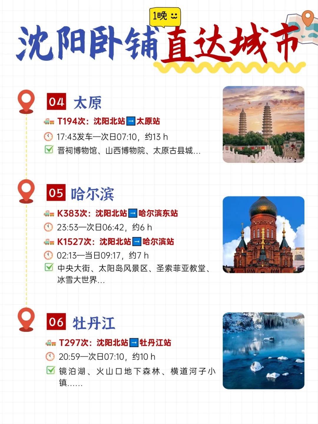 沈阳出发｜卧铺1️⃣晚直达的🔟个城市🚞收藏