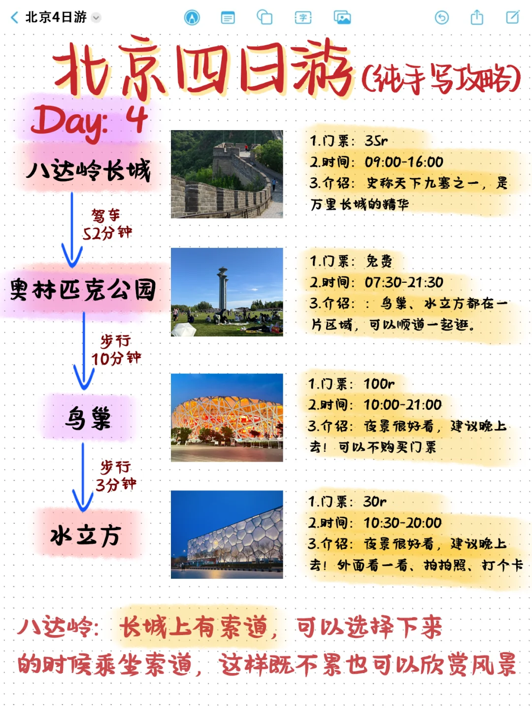 北京土著整理!四日游保姆级攻略(手写版)