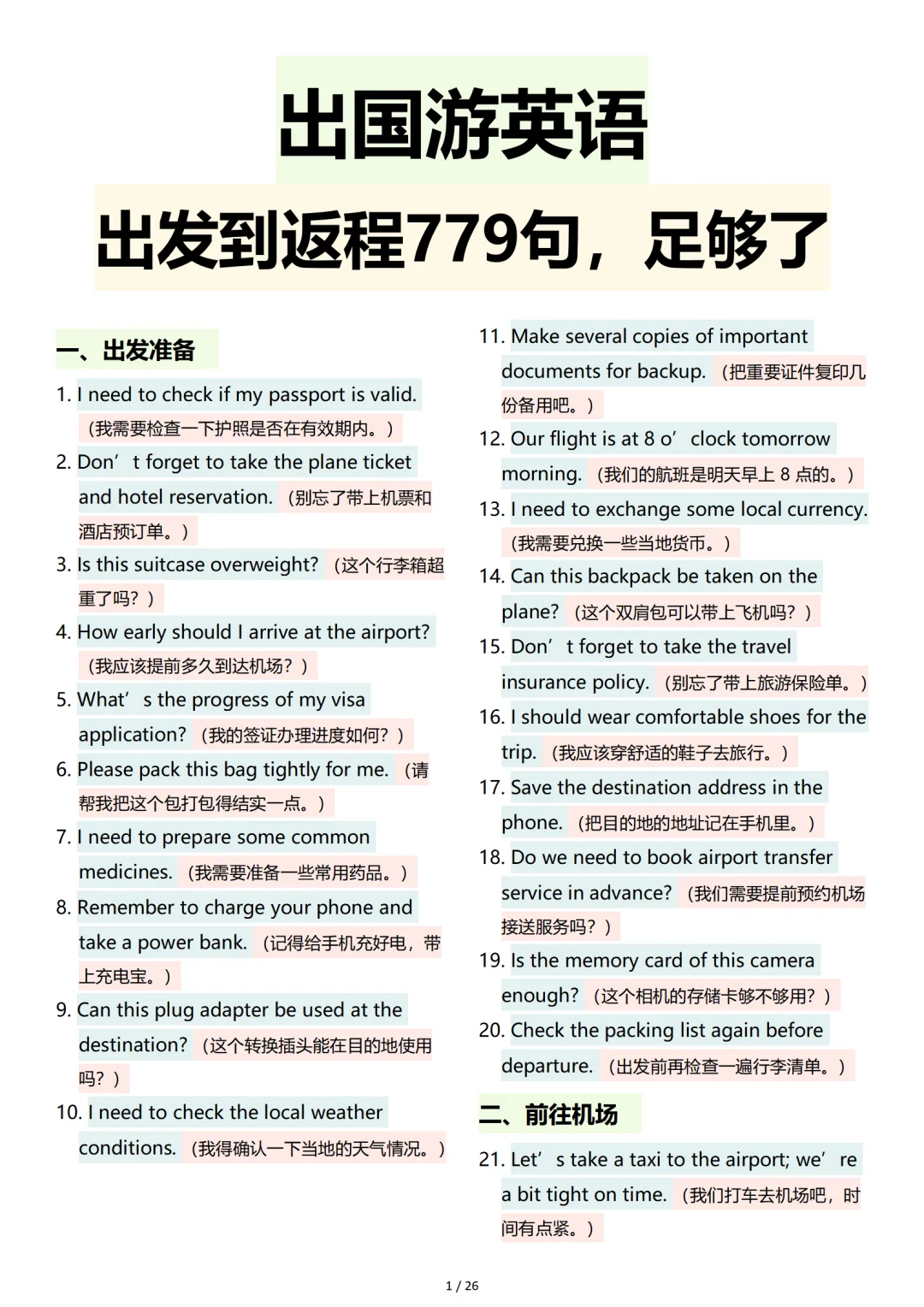 出国旅游必备口语779句，足够了