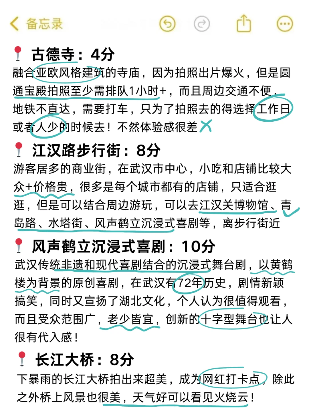 武汉已回，景点打分（仅个人想法❗）