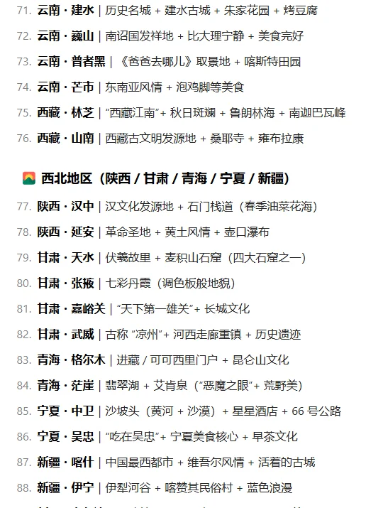 deepseek推荐的100个十一小众旅游城市