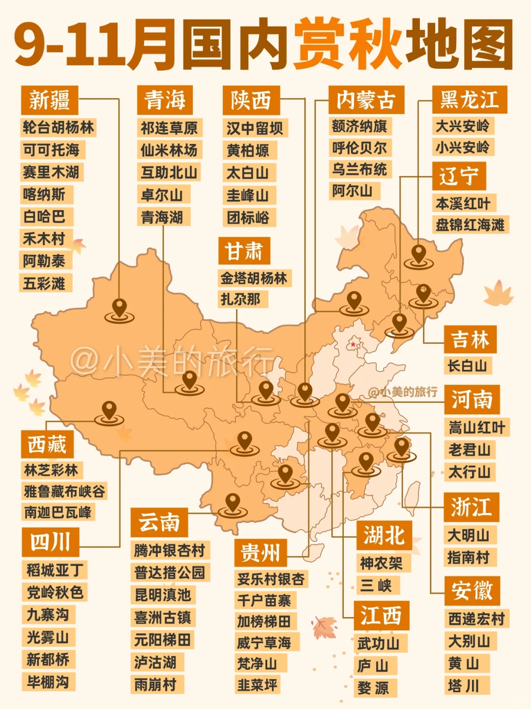 🍁一键收藏！9-11月国内最美秋色地图！