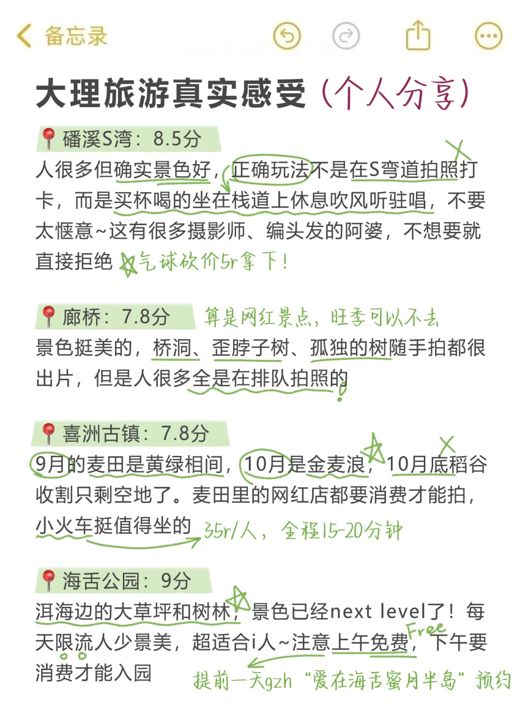 大理已回，景点打分（仅个人想法）