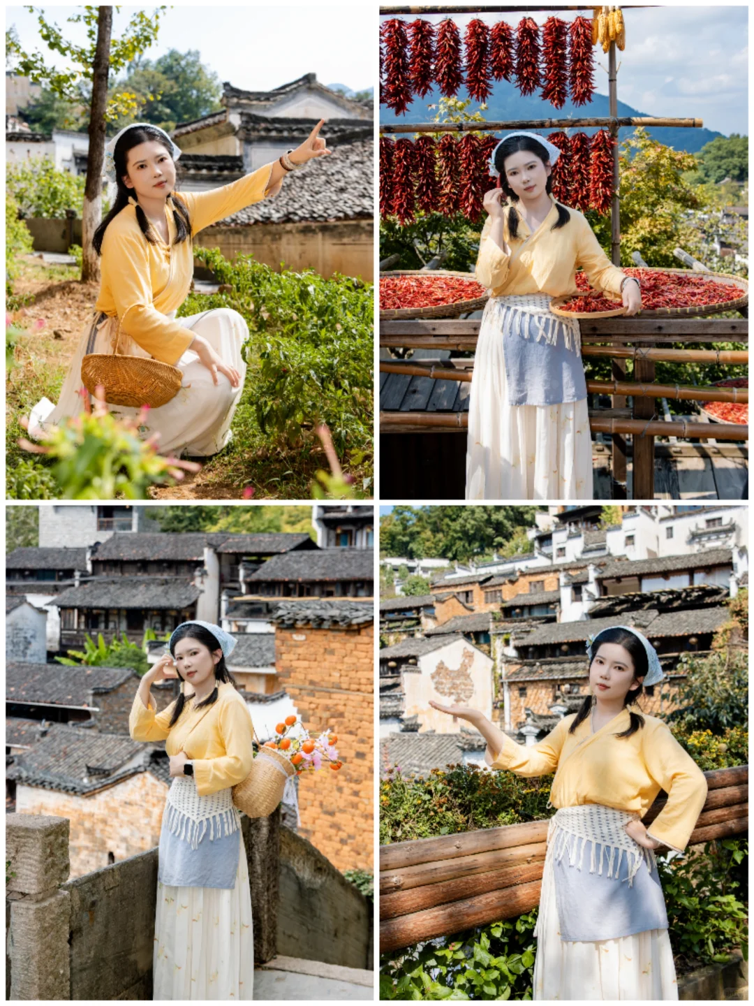 婺源篁岭村姑拿着菜篮子开始晒秋了🎃🌶