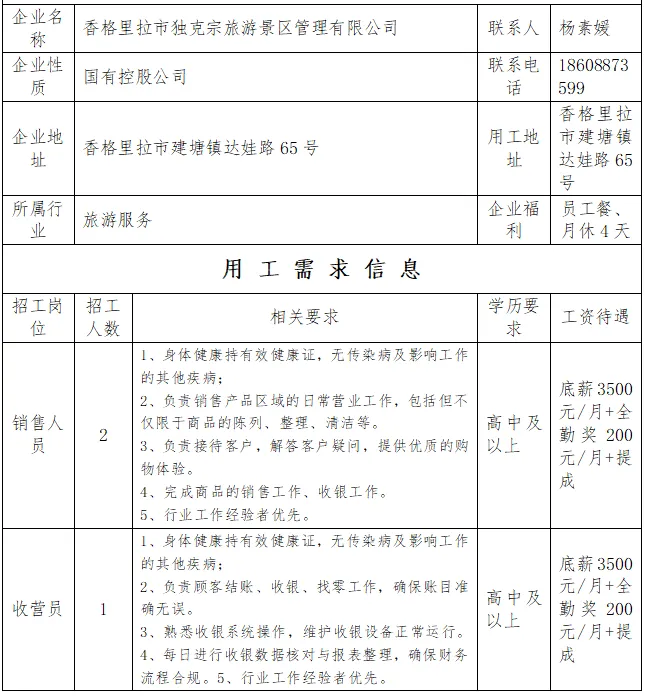 迪庆招聘| 香格里拉市独克宗旅游景区管理有限公司招聘3人 3700元/月+绩效!