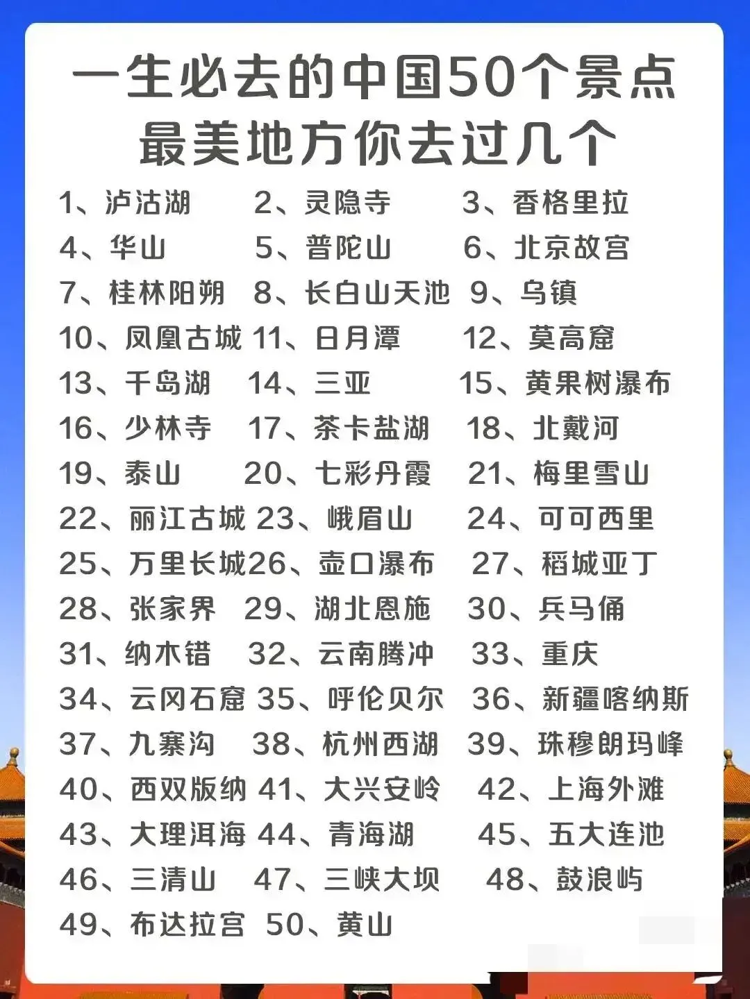 一生必去的中国50个景点最美地方你去过几个?