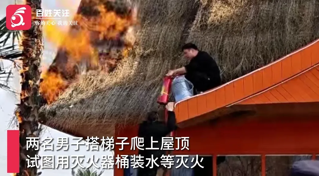 湖北孝感一景区内茅草屋顶起火,视频显示大火波及周边树木,两男子搭梯子灭火;知情人士:小孩玩火导致,事发后已妥善处理,园区正常营业