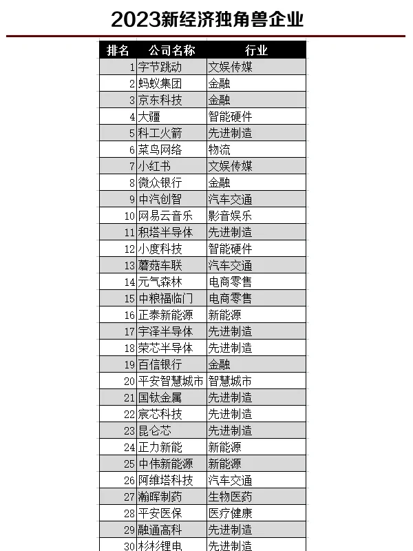 2023年新经济独角兽企业