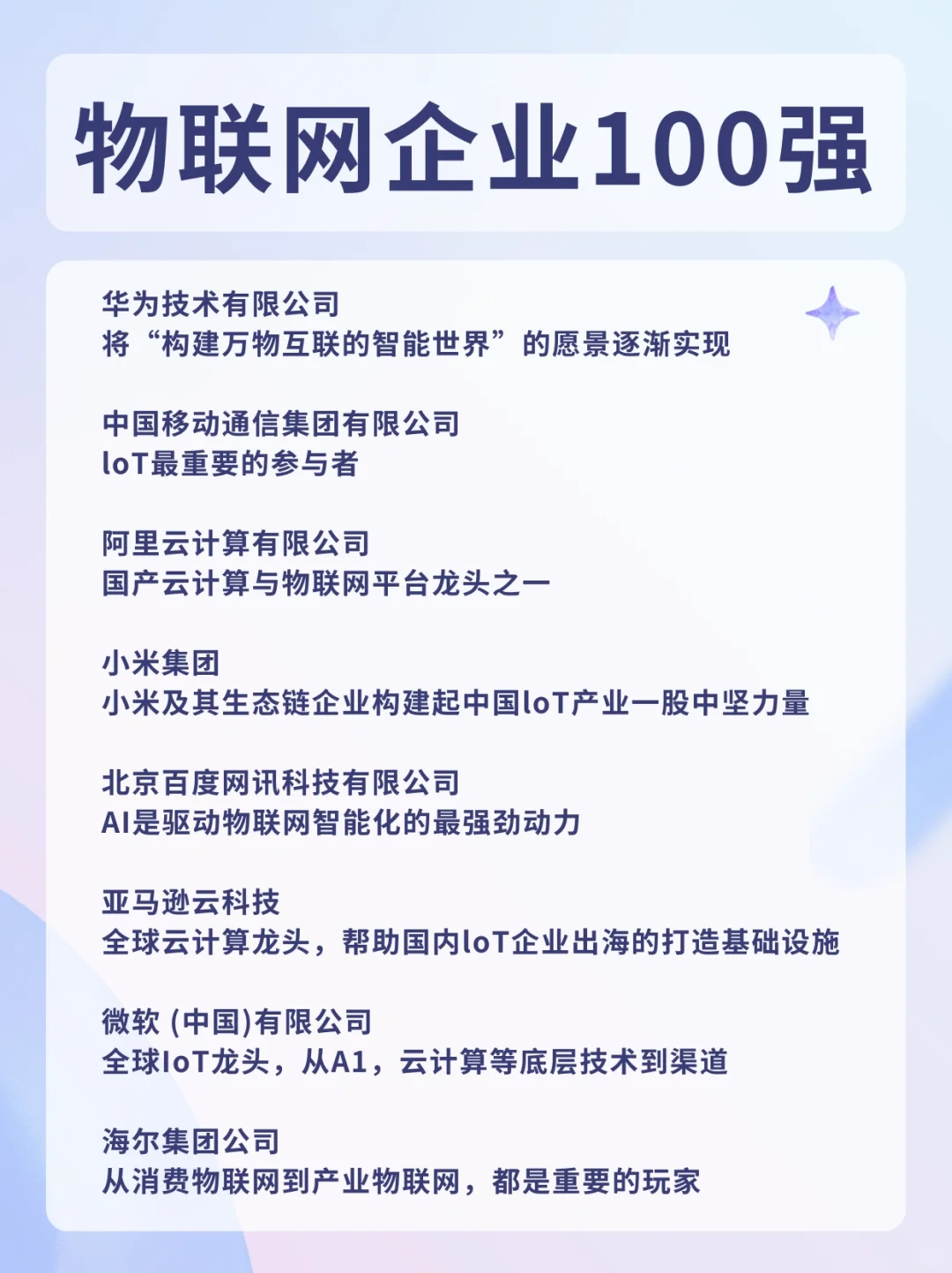 物联网企业100强，好赛道，有机会快速成长
