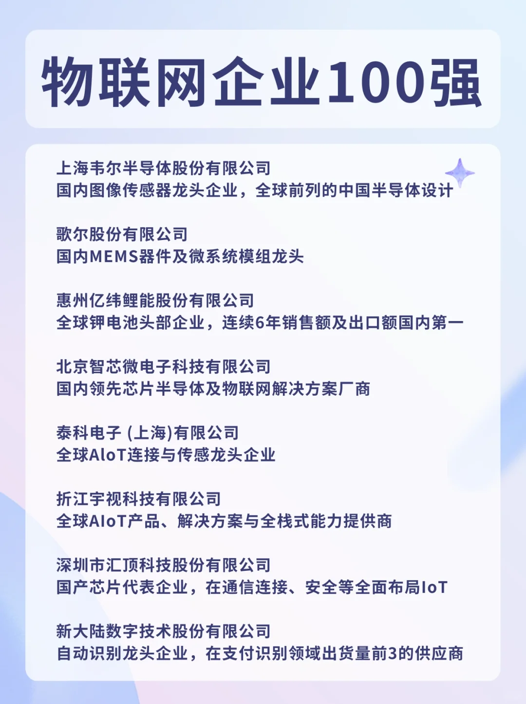 物联网企业100强，好赛道，有机会快速成长