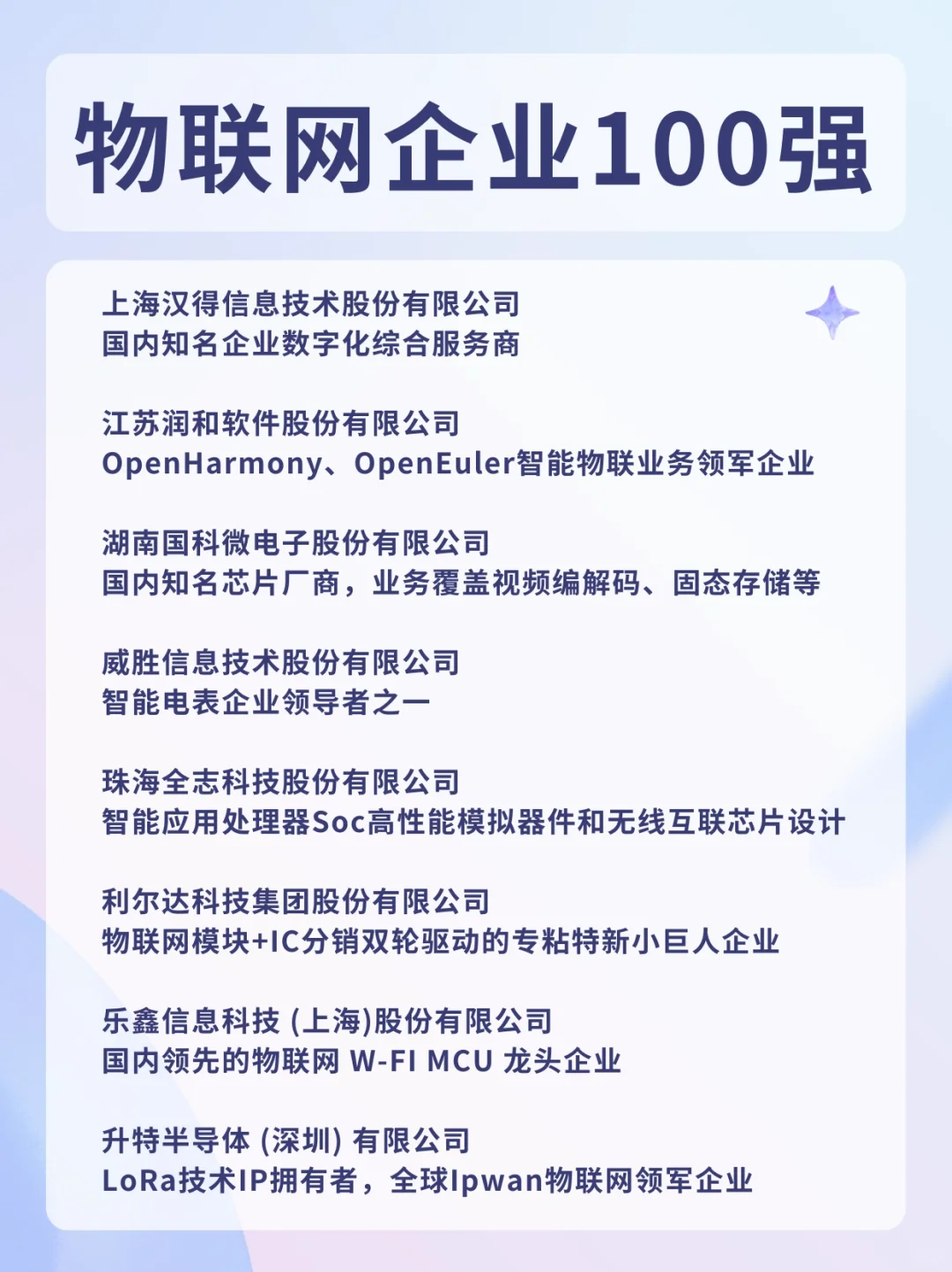 物联网企业100强，好赛道，有机会快速成长