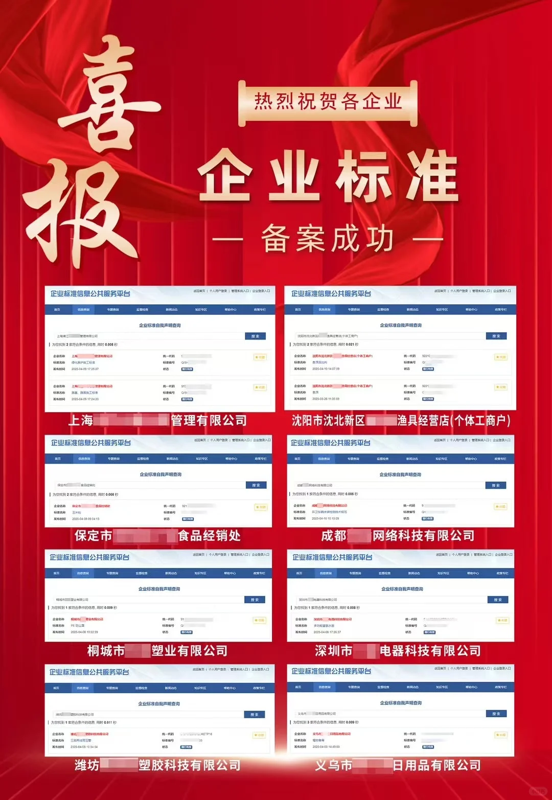 喜报啦！祝贺各行业企业标准备案成功！！