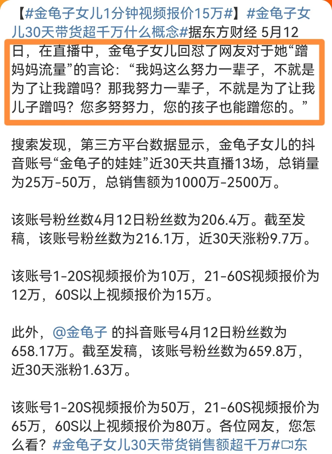 金龟子女儿广告报价60s以上视频15万