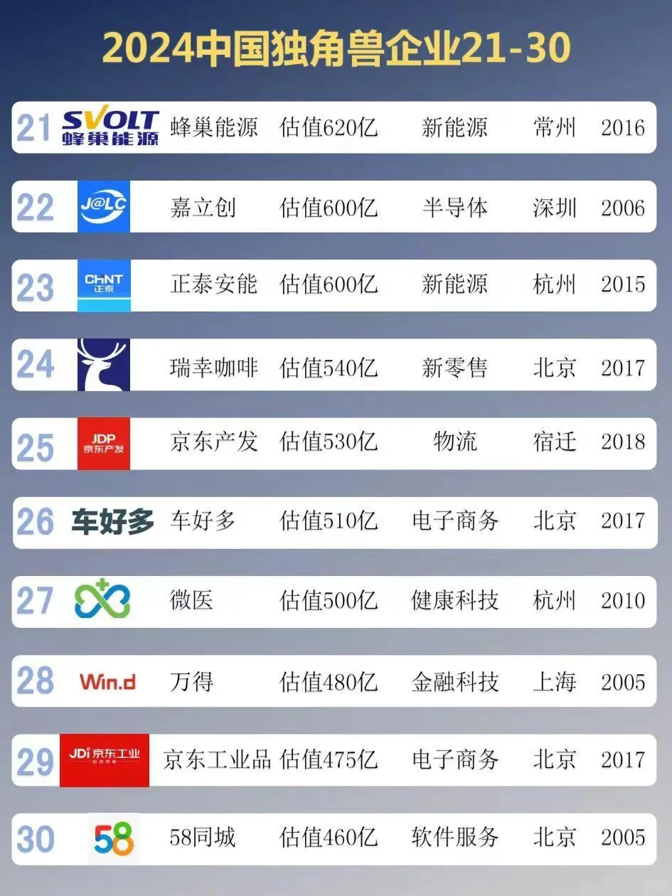 2024中国独角兽企业top100榜单 最新！最强