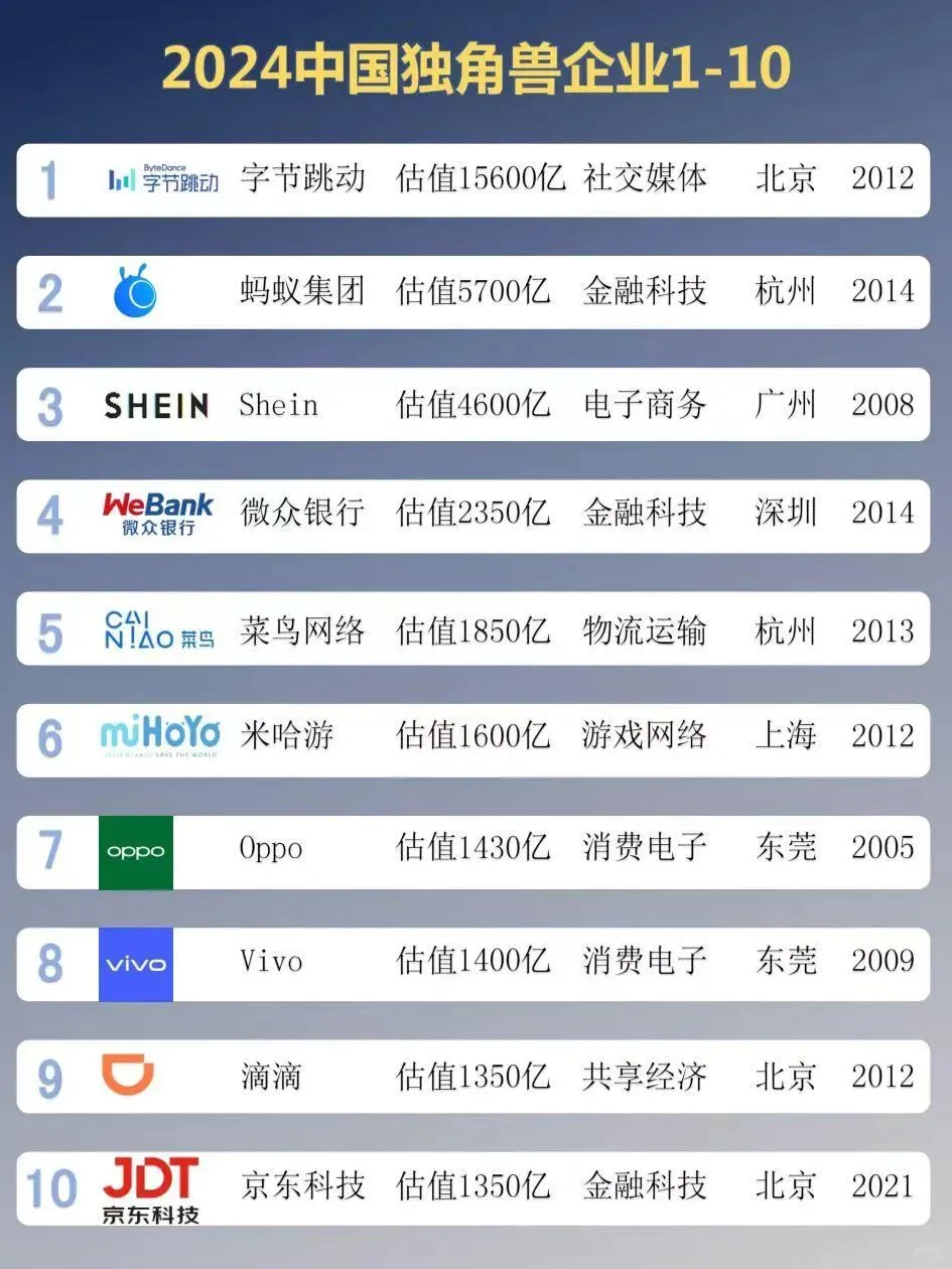 2024中国独角兽企业top100榜单 最新！最强