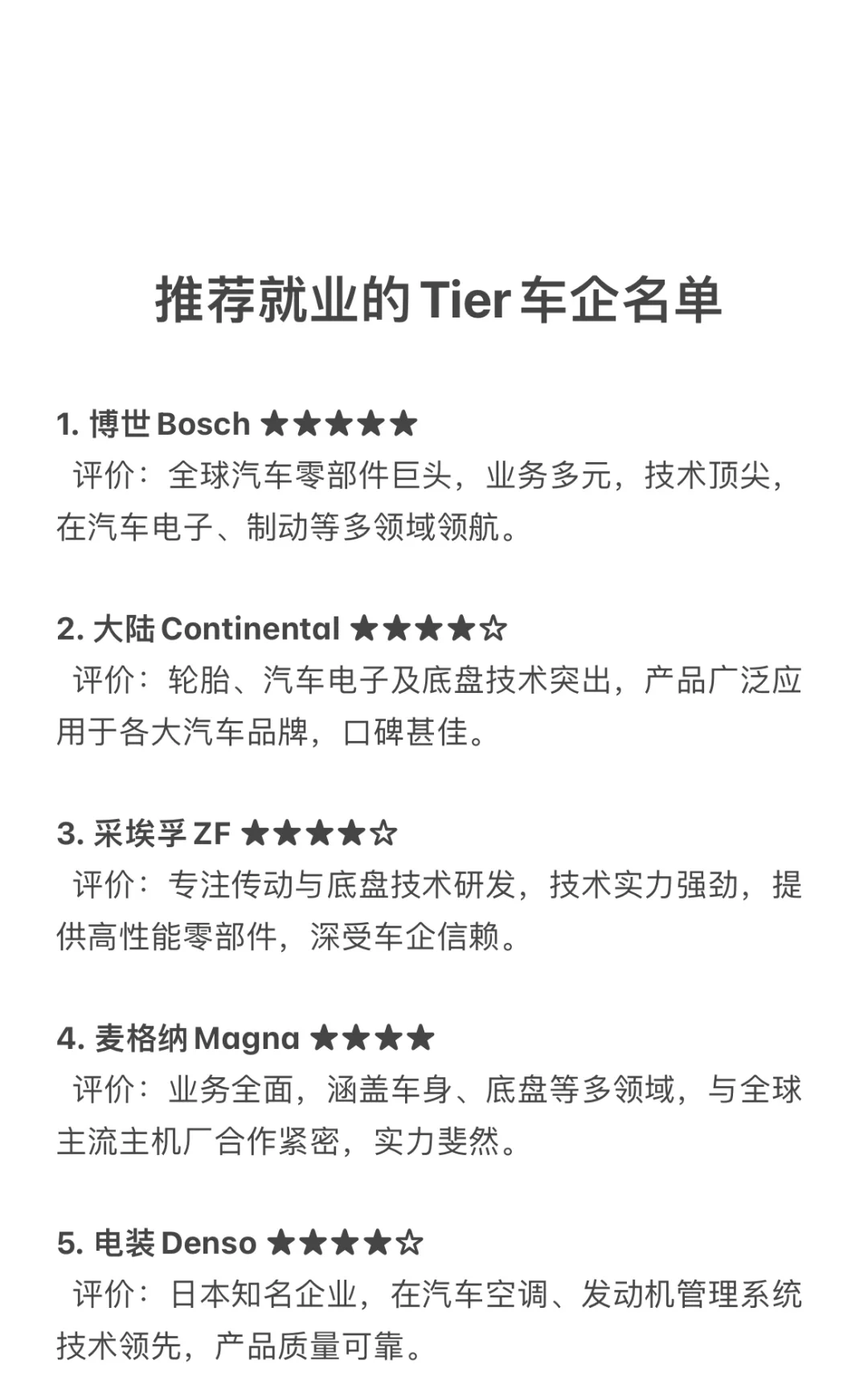 汽车行业Tier1类推荐就业企业汇总,求职干货