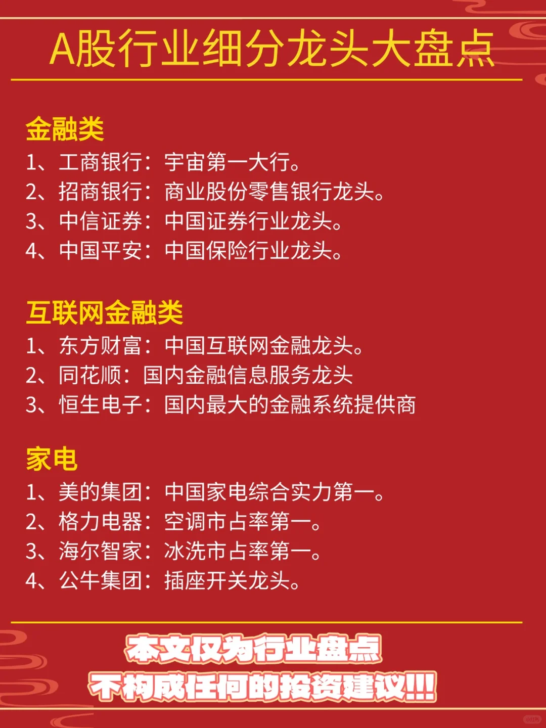 A股各行业细分龙头盘点