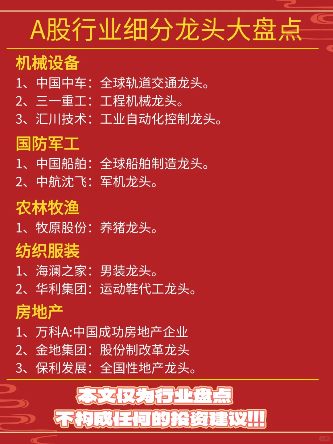 A股各行业细分龙头盘点