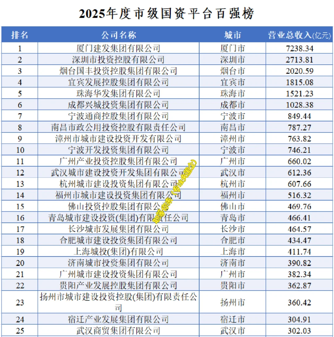 2025年度市级国资平台百强榜