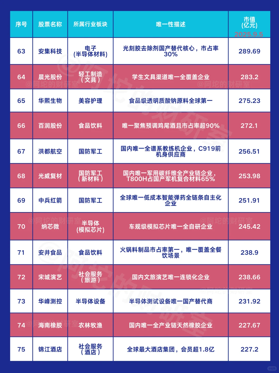 A股百家“唯一”龙头图谱（附2025.9.5市值）